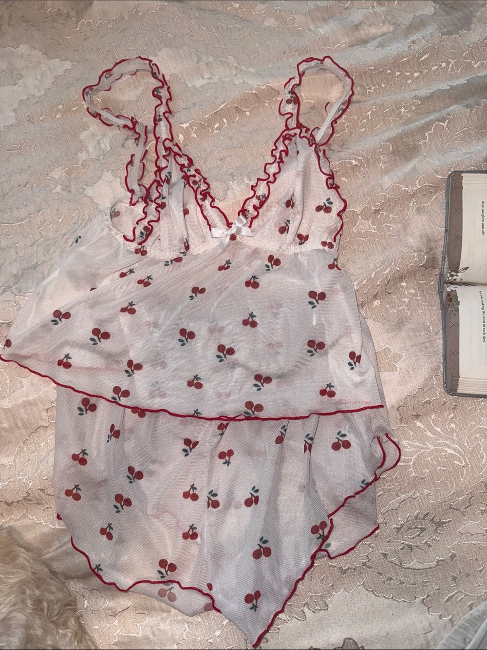 Sheer White Cherry-Print Ruffle Babydoll - Unbranded